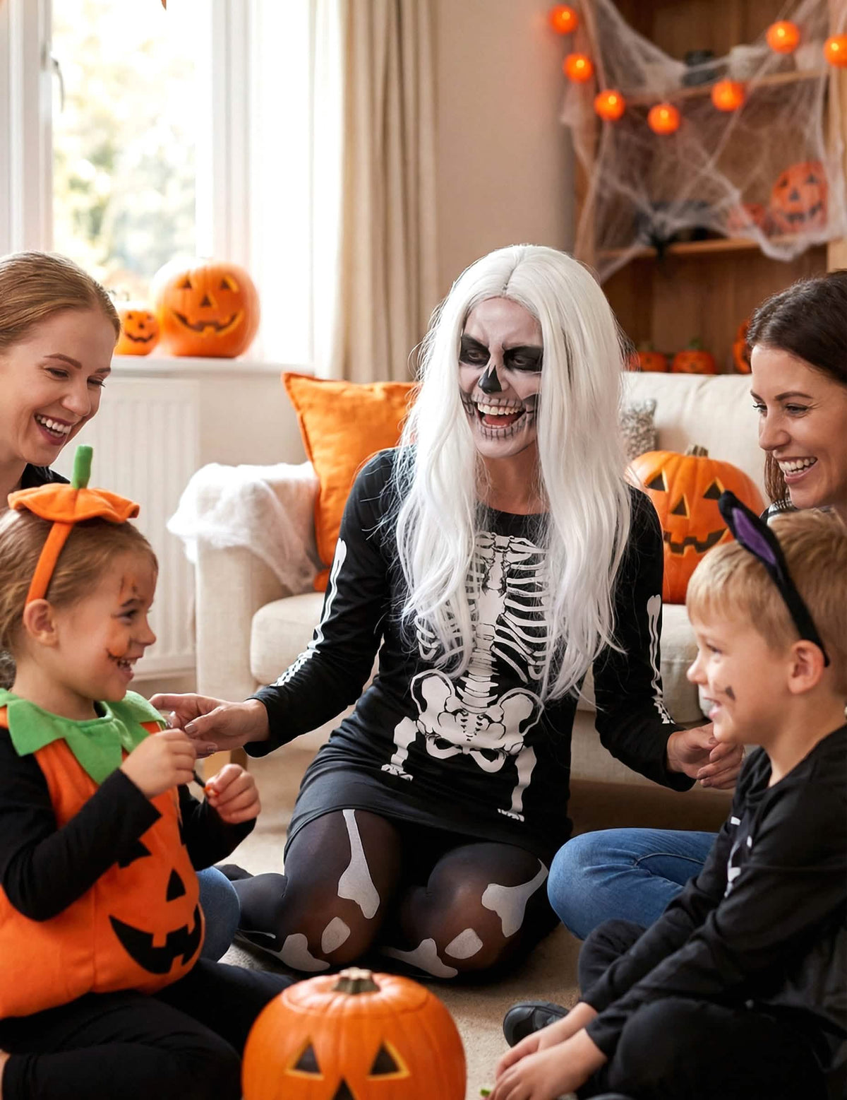 Situácia kostýmu kostry pre ženu na halloweenskom večierku