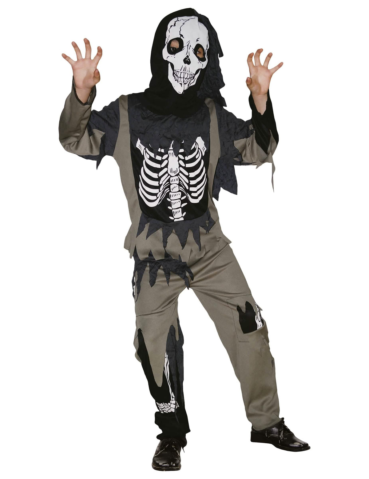 Kostým zombie kostry pre dieťa sivá a čierna s kuklou maskou