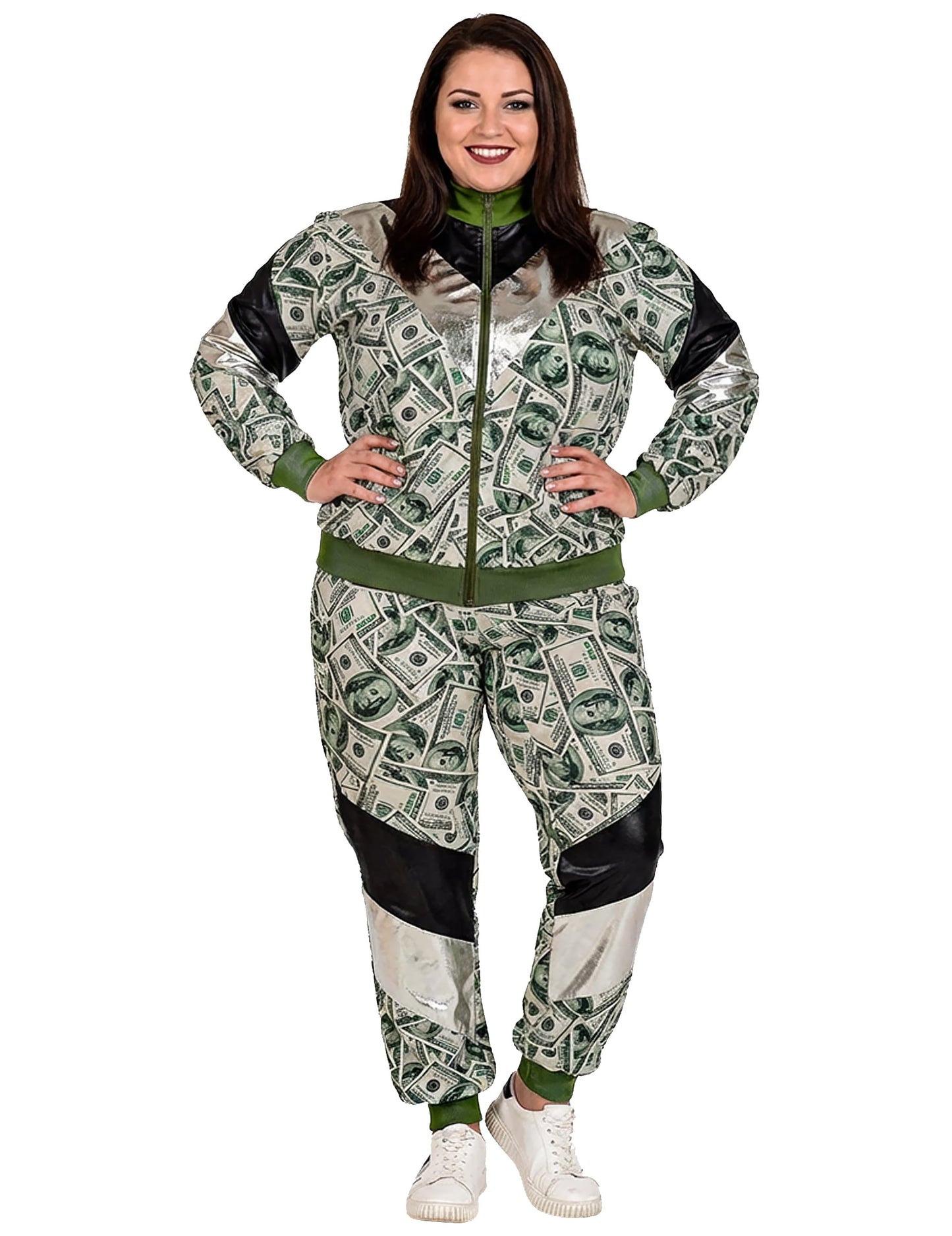 Vue de face portée par une femme du déguisement survêtement billet dollar