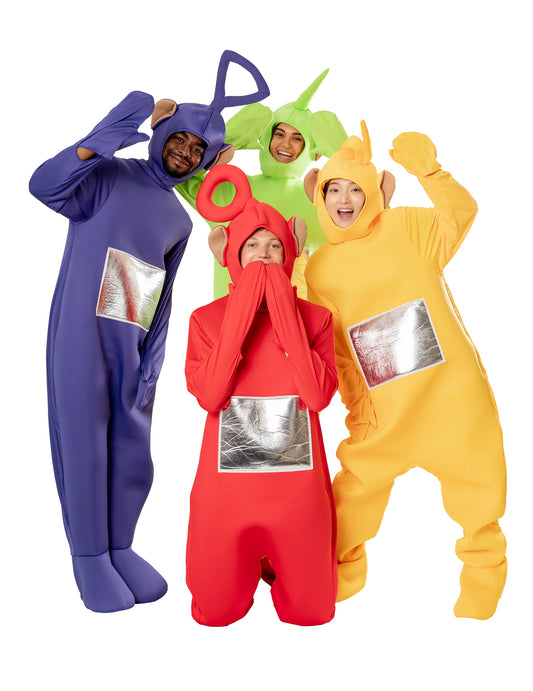 Vue d'ensemble avec les autres personnages du déguisement Teletubbies Dipsy™ pour adulte