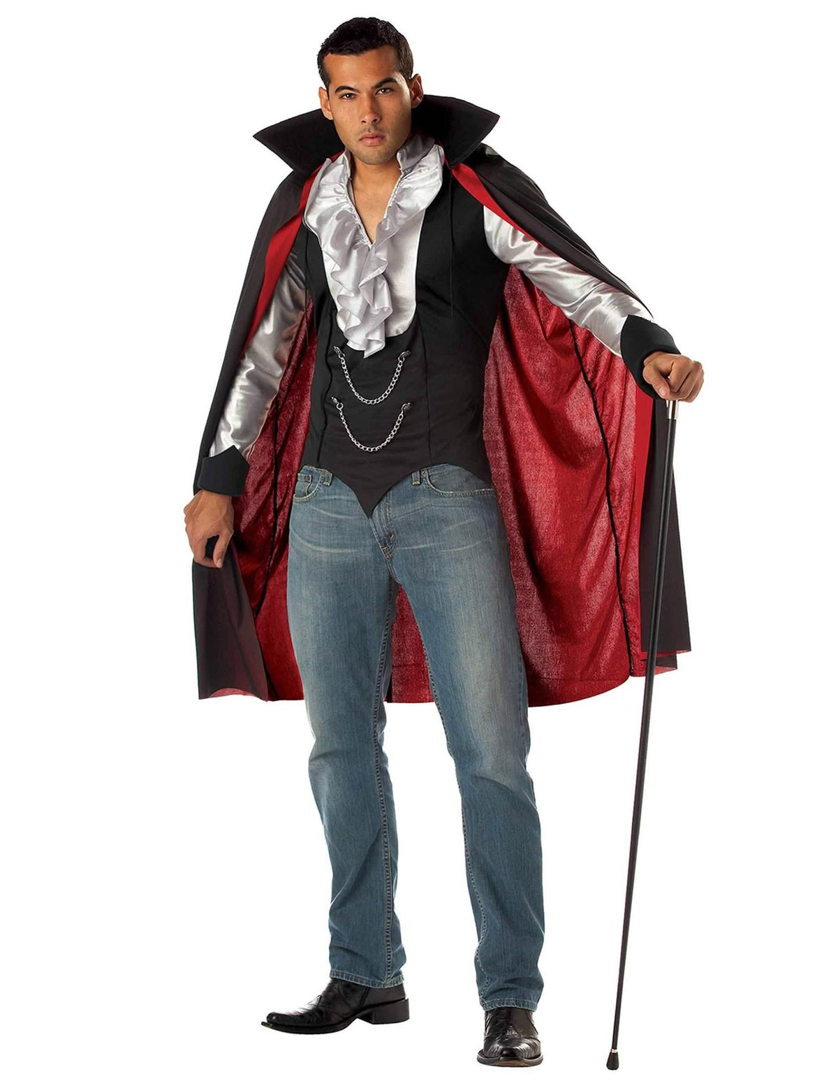 Kostým upírieho gentlemana pre muž halloween čierna a červená s strieborným jabotom
