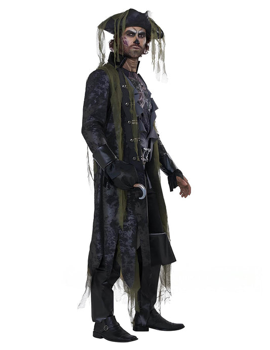 Vue de profil du déguisement pirate zombie luxe pour adulte