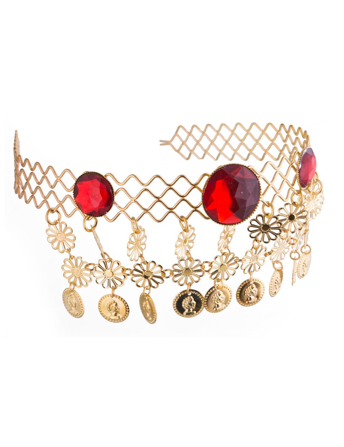 Diadème reine égyptienne pour femme doré avec pierres rouges et pièces
