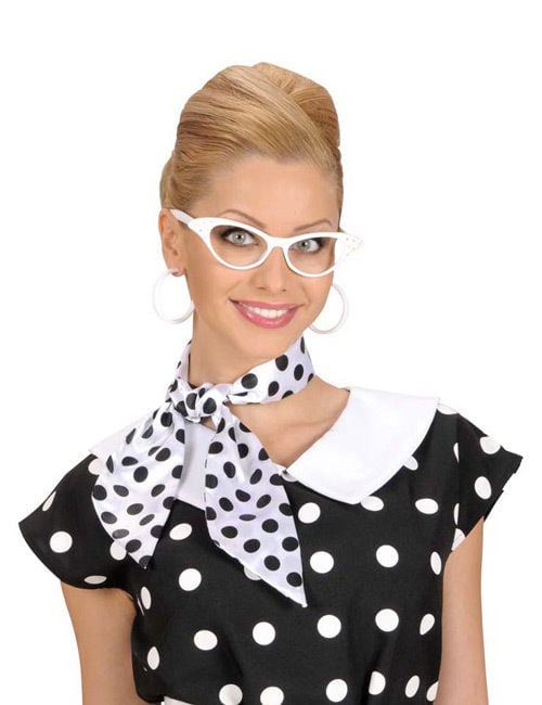 Écharpe satinée années 50 pour femme blanche à pois noirs