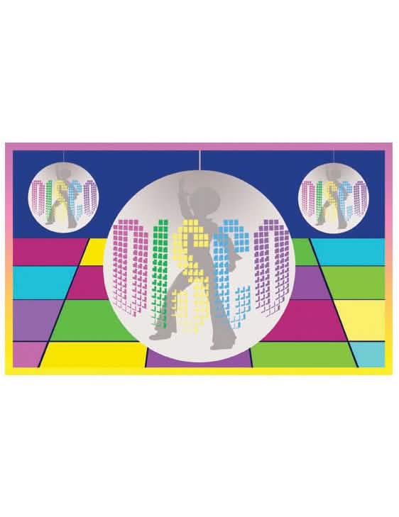 disco zástava na viacfarebné párty s disko guľami a siluetami tanečníkov