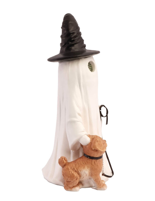 Dekoratívny duch Summerween z živice s bodkovaným klobúkom pre psa a animovanými LED očami 23,5 x 20 x 45,5 cm