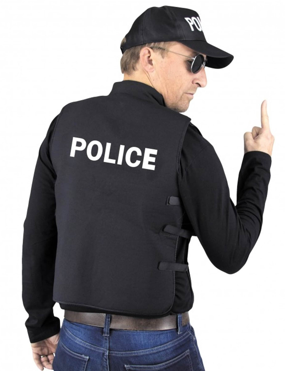 Pohľad zozadu na falošnú nepriestrelnú vestu polícia pre dospelý