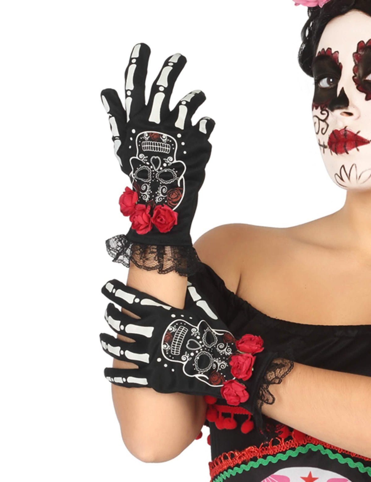 Krátke mexické kostrové rukavice Dia de los muertos pre ženu čierne s červenými ružami a čipkou