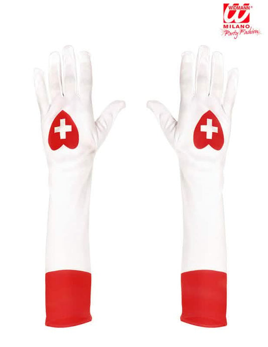 Détail des motifs cœurs et des revers rouges des gants longs d'infirmière pour adulte
