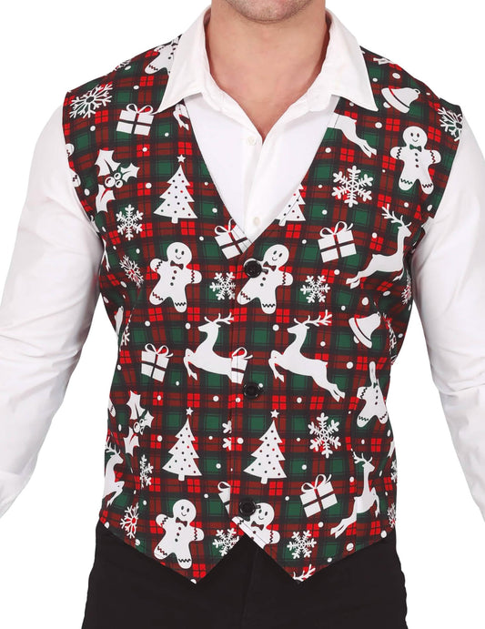 Gros plan sur l'avant du gilet tartan et motifs de Noël