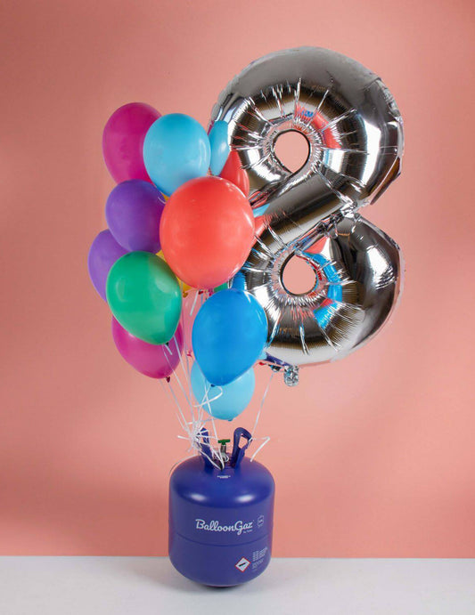 Mise en situation avec des ballons gonflés de la bouteille d'hélium pour ballons jusqu'à 85 ballons