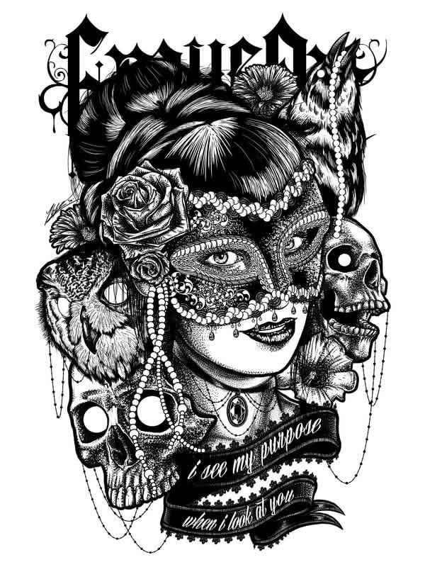 Detail ilustrácie tielka s motívom gotickej masky