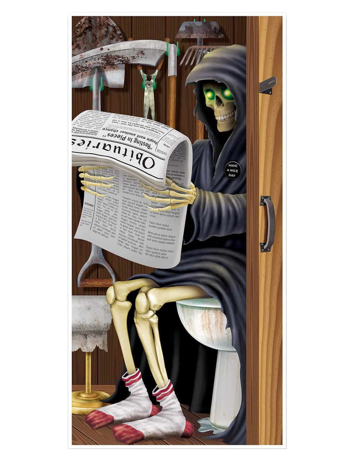 Dekorácia na dvere smrtka na Halloween sediaca na toalete a čítajúca noviny