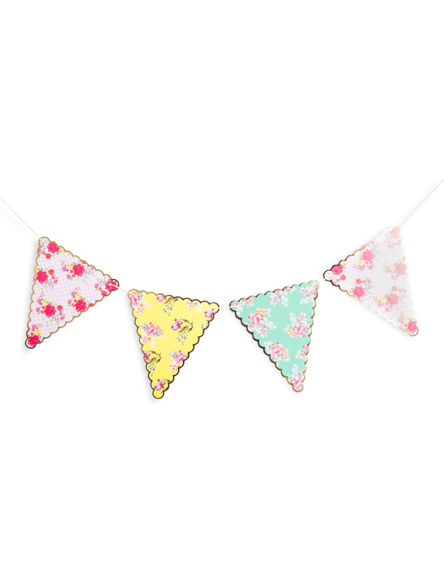 Girlanda s 21 vlaječkami na oslavu čaju, 5 m dlhá, kvetinová a zlatá