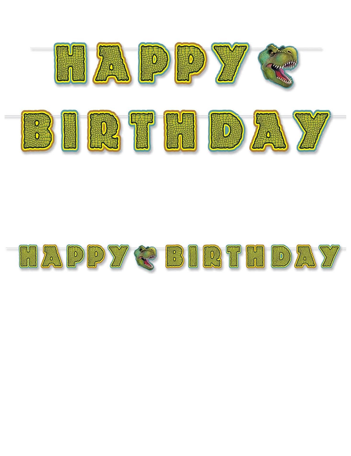 Girlanda na zostavenie Happy Birthday téma Dinosauri zelená a žltá s hlavou T-Rexa