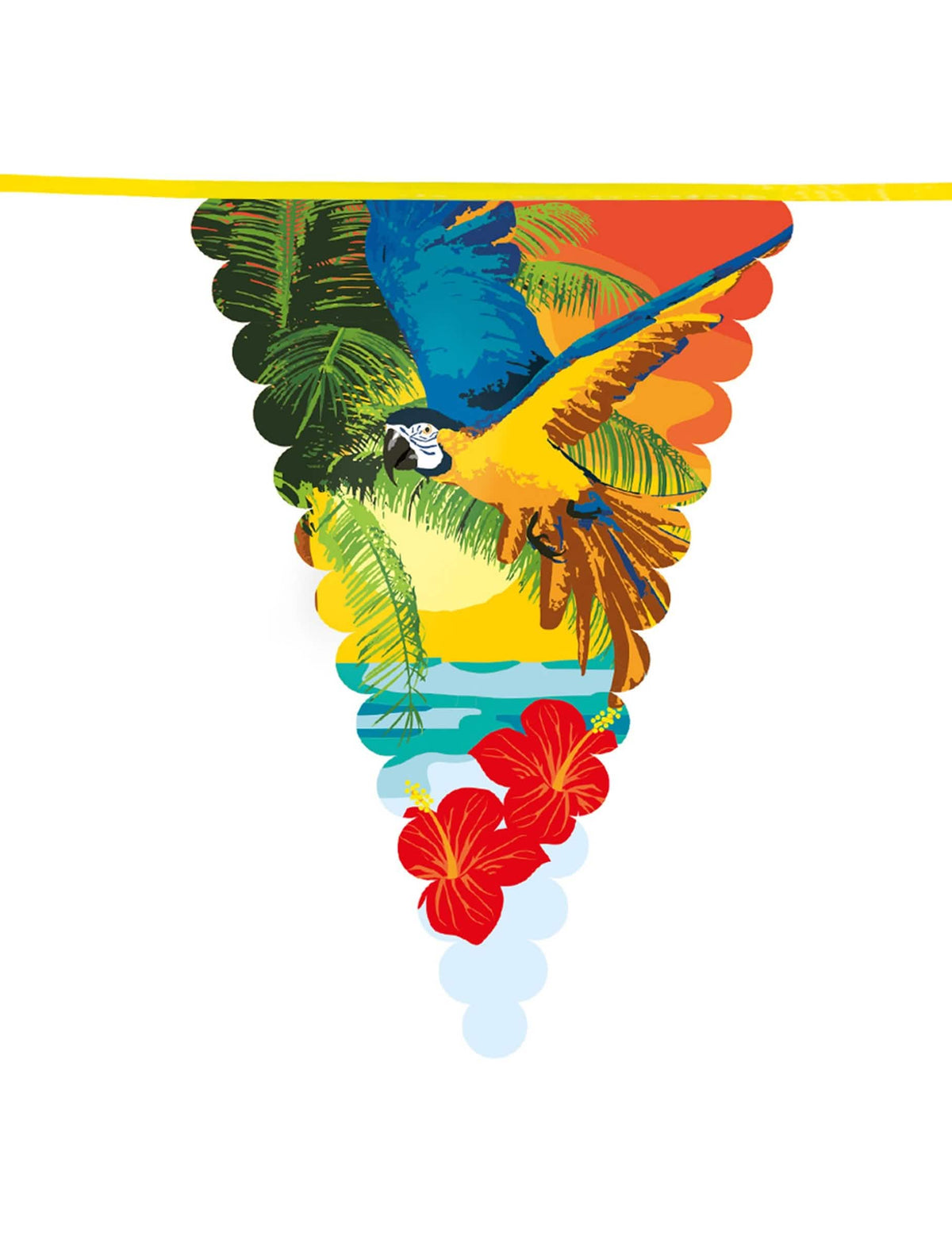 Detail vzoru papagája a ibišteka na zástavkovom girlande Beach party