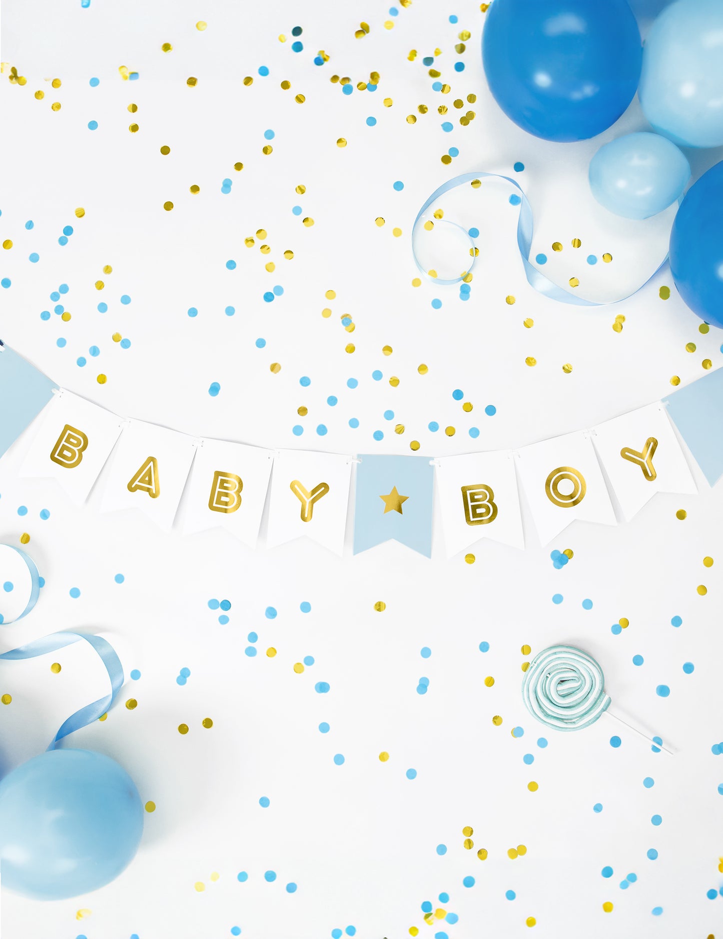 Modrá a metalická kartónová girlanda pre chlapčeka 15 x 160 cm s vlaječkami