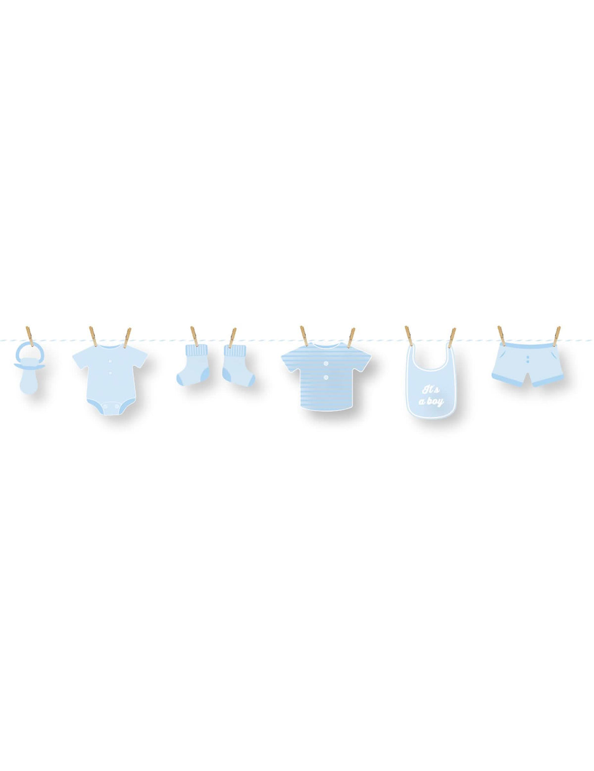 Kartónová girlanda DIY pre bábätko na baby shower modrá s motívmi oblečenia pre chlapca