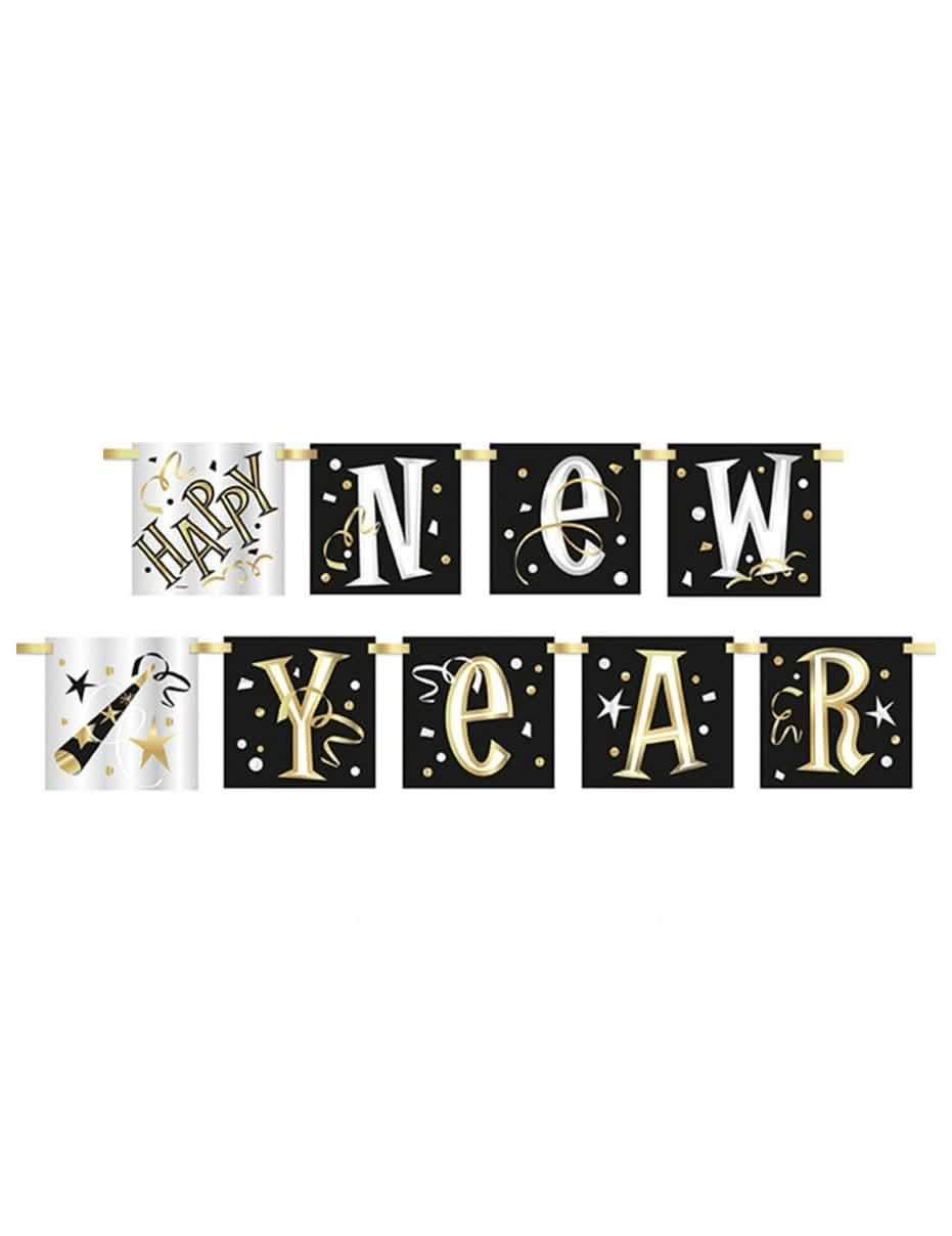Girlanda z kartónu Happy New Year na oslavu čierna biela a zlatá