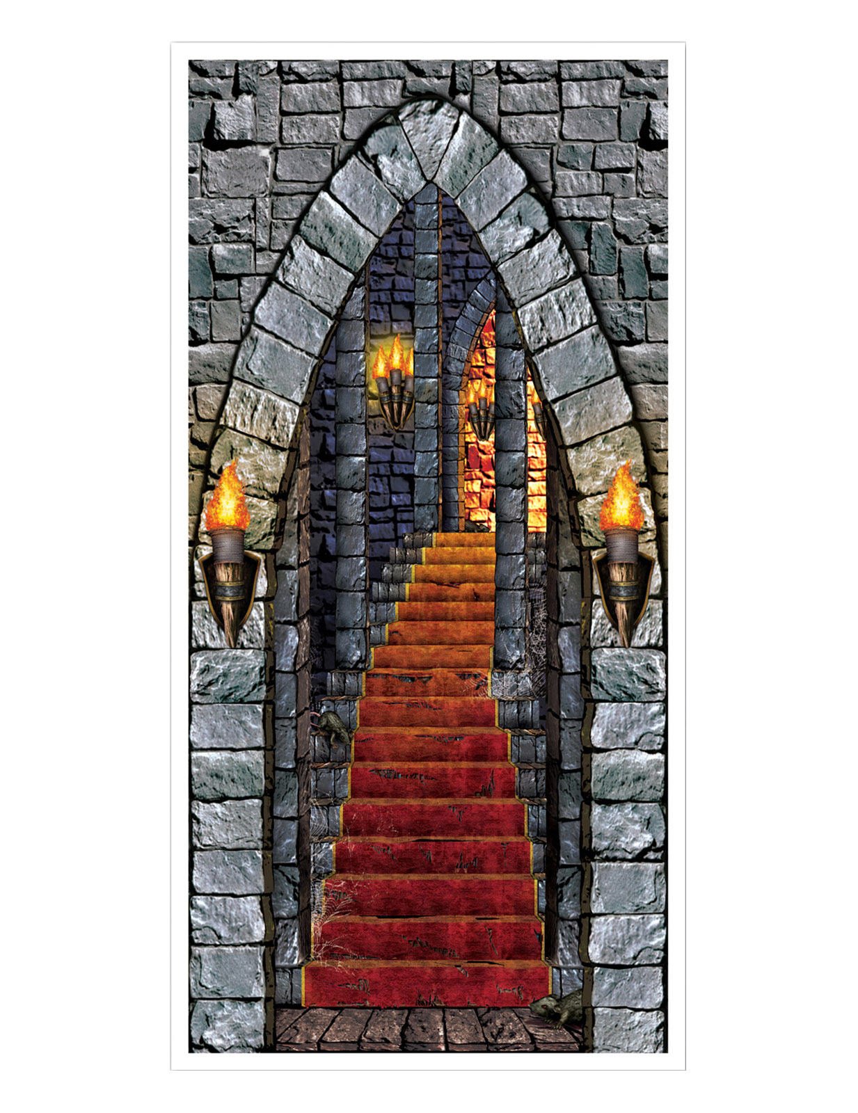 Dekorácia dverí hradu na oslavu s kameňmi a červeným kobercom