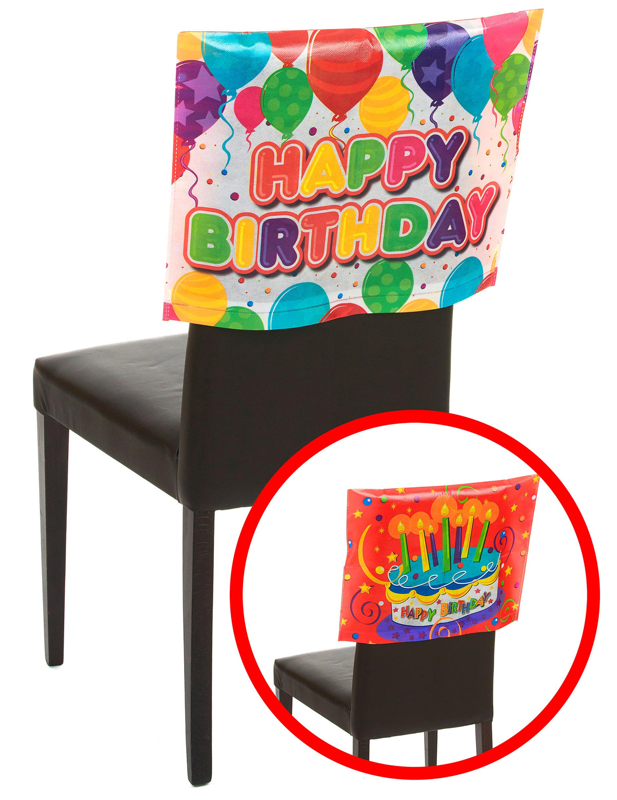 Pohľad na prednú a zadnú stranu poťahu na stoličku Happy Birthday