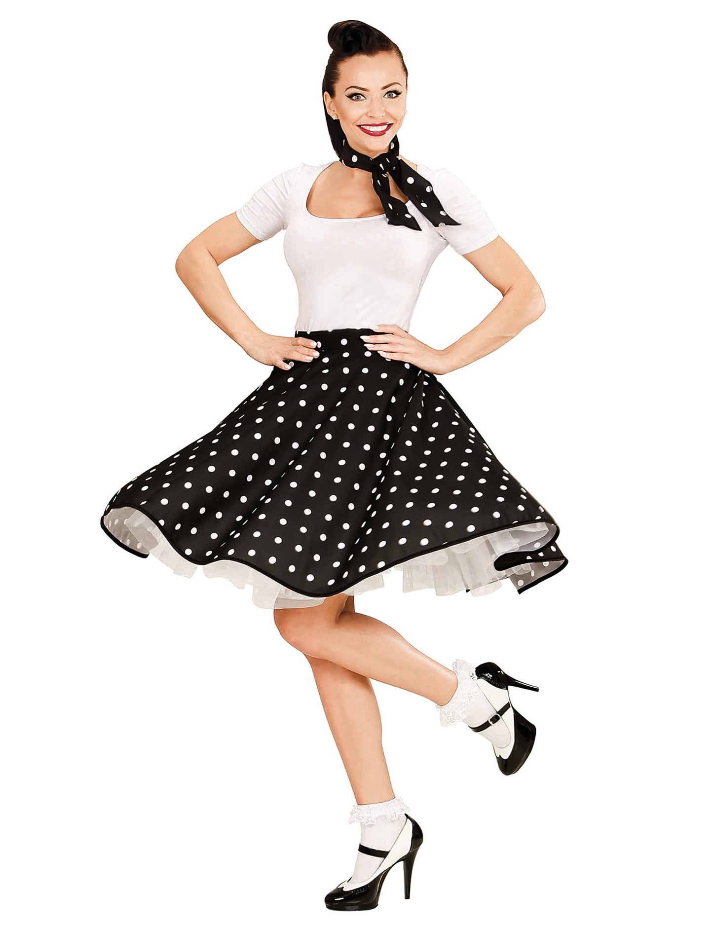 Čierna sukňa a šatka pre ženy z 50. rokov 20. storočia