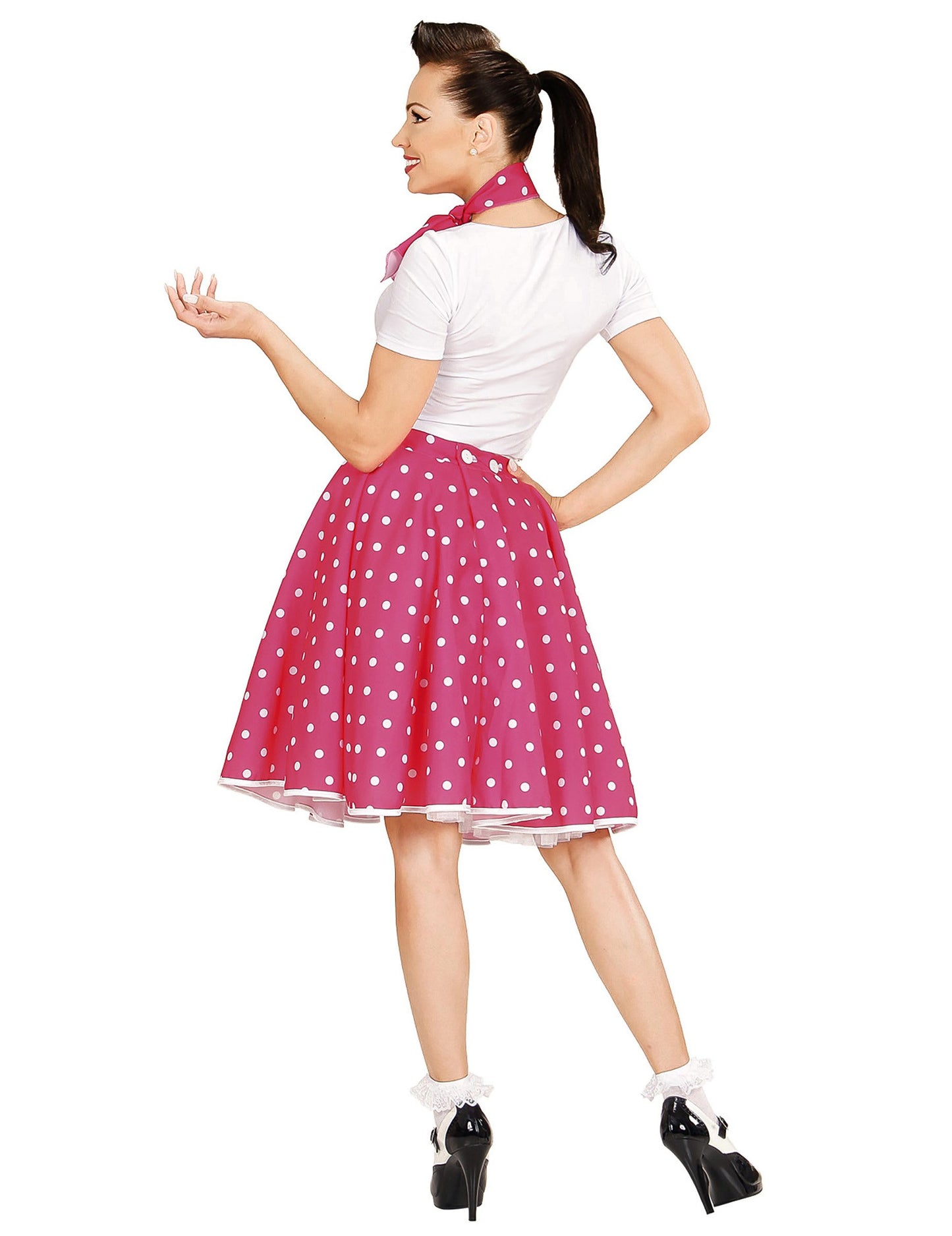 Ružová ružová sukňa a hrášok z 50. rokov ženy