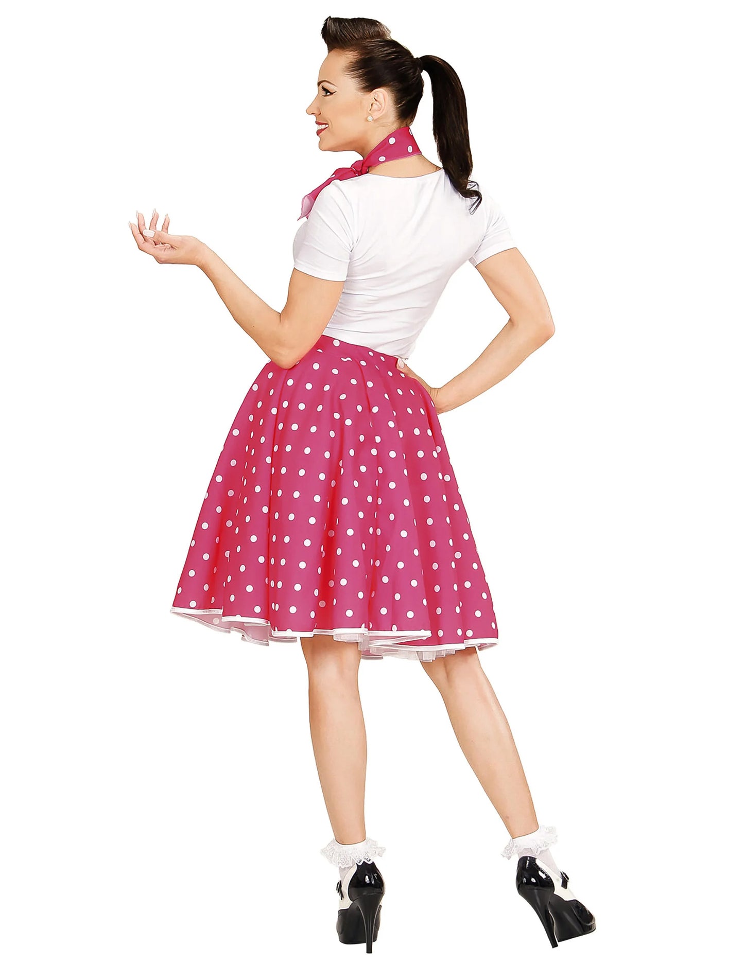 Ružová ružová sukňa a hrášok z 50. rokov ženy
