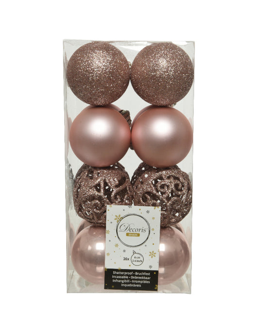 Vue de face de la boîte de boules de Noël pour décoration rose gold brillantes et mates