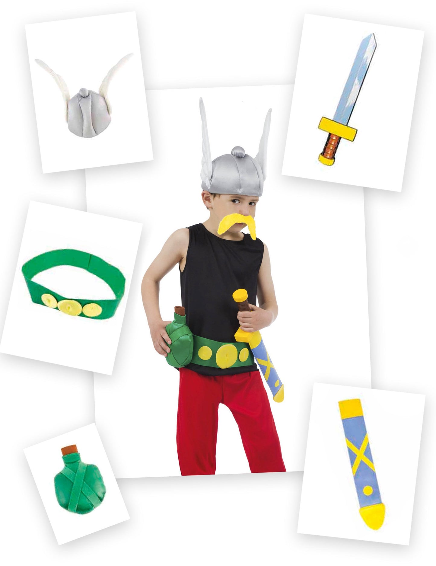 Kit 5 pièces Astérix pour enfant avec casque ailé, moustache, épée et gourde