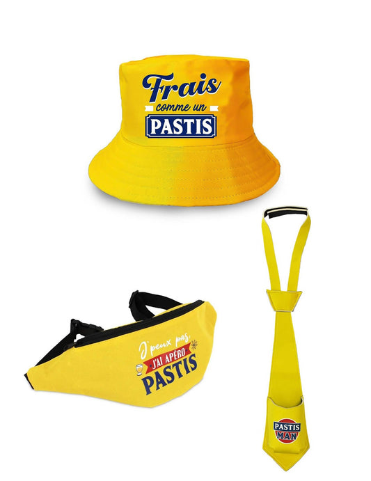 Vue du bob, de la sacoche banane et de la cravate du kit accessoire apéro Pastis