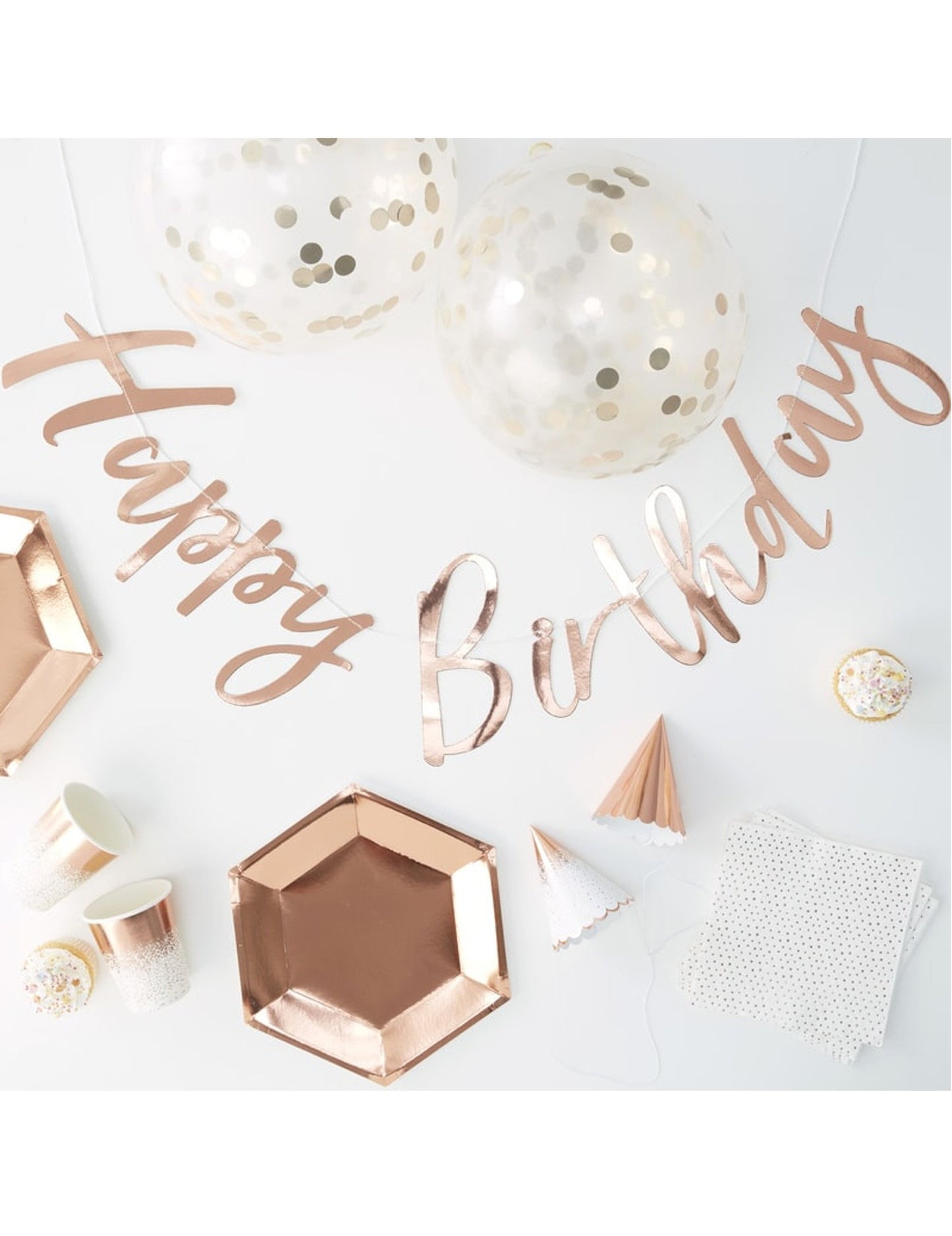 Kompletná 70-dielna sada narodeninových dekorácií a riadu v ružovo-zlatej farbe s balónikmi a girlandou