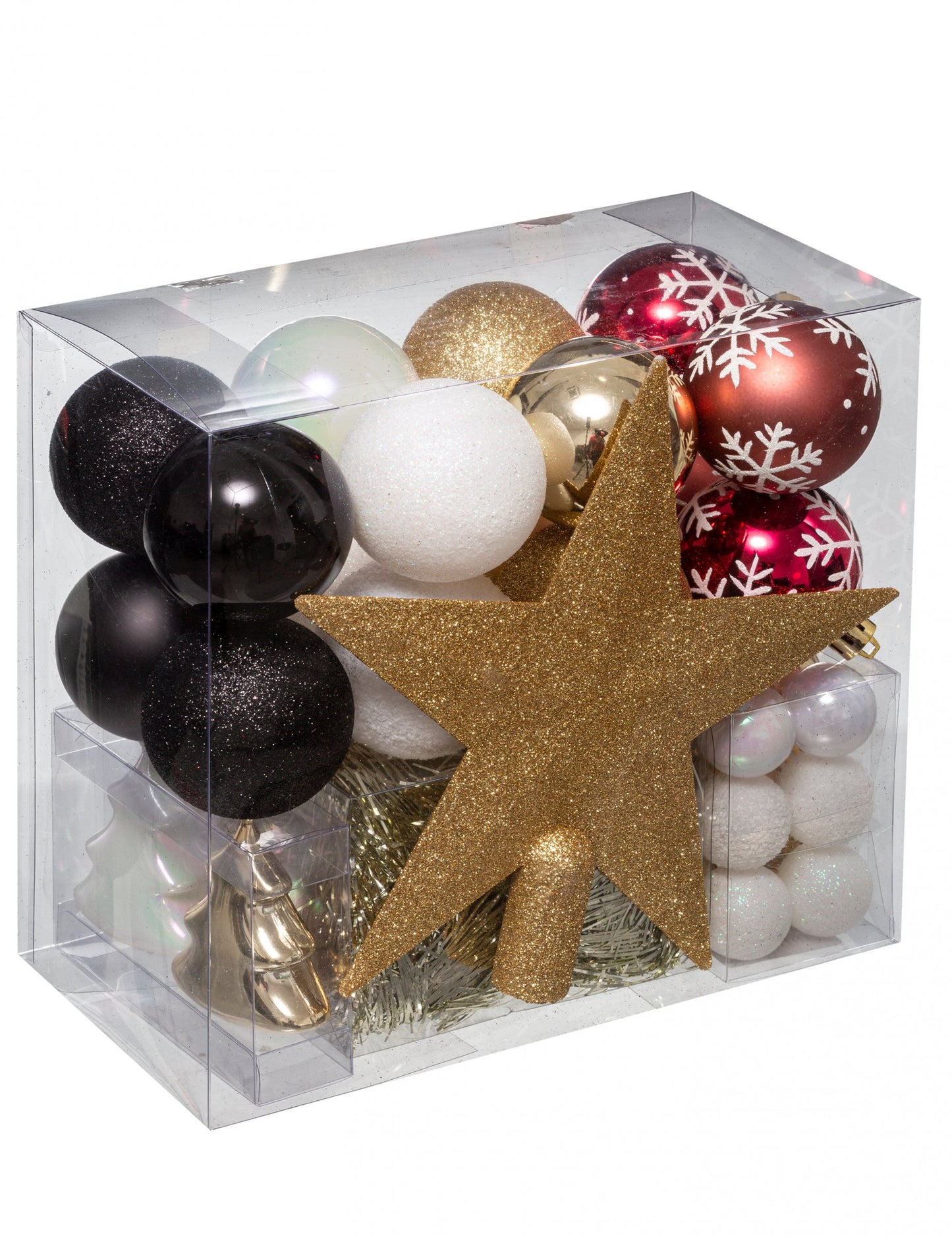 44-dielna súprava na vianočné ozdoby v čiernej, bielej, červenej a zlatej farbe s guľkami a ozdobou na stromček