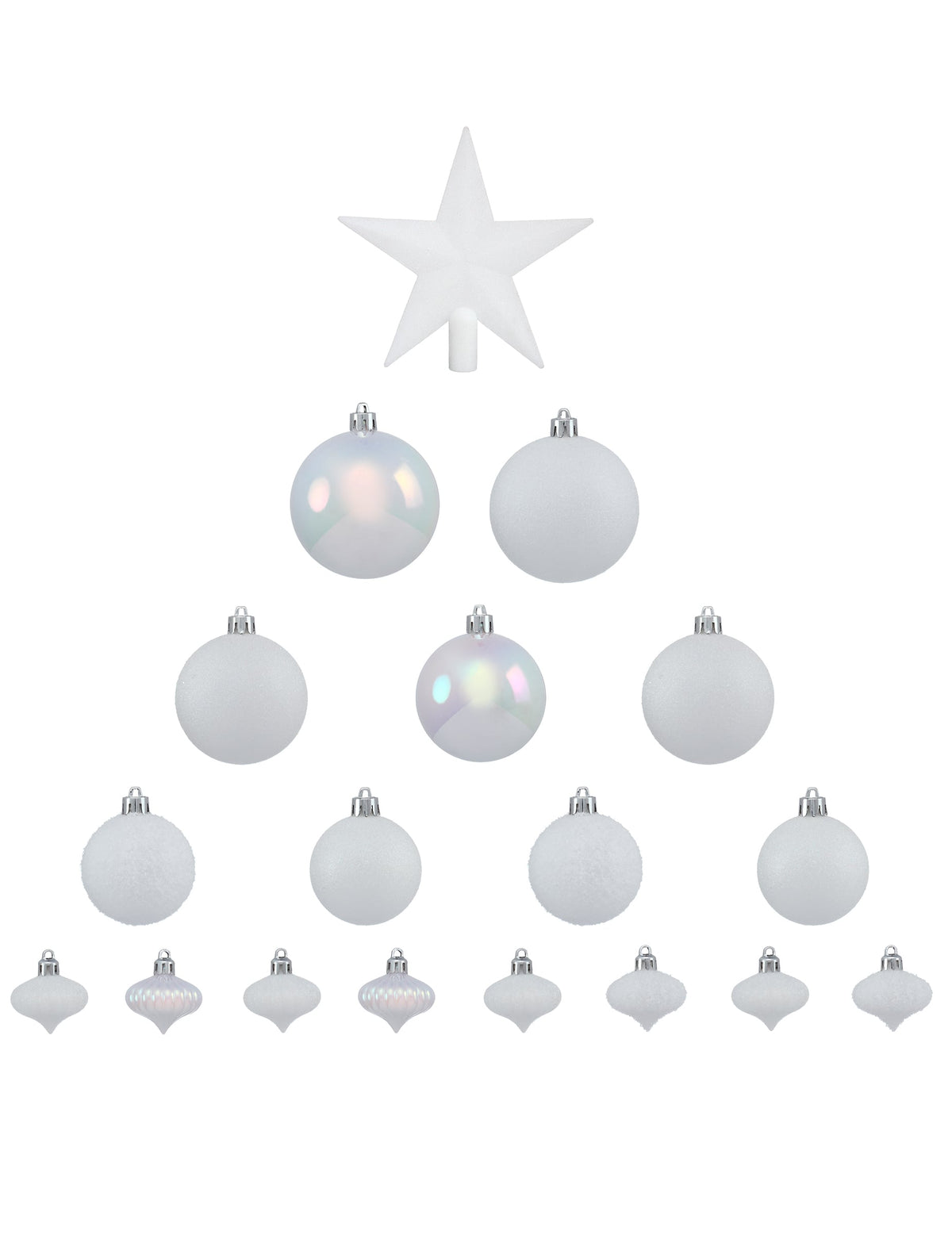 Vue d'ensemble du contenu du kit décorations de sapin blanc pour fête