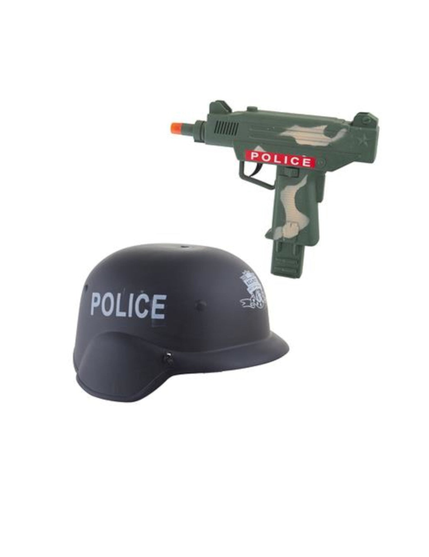 Čierna helma a maskovaný samopal zo súpravy helmy a policajného samopalu