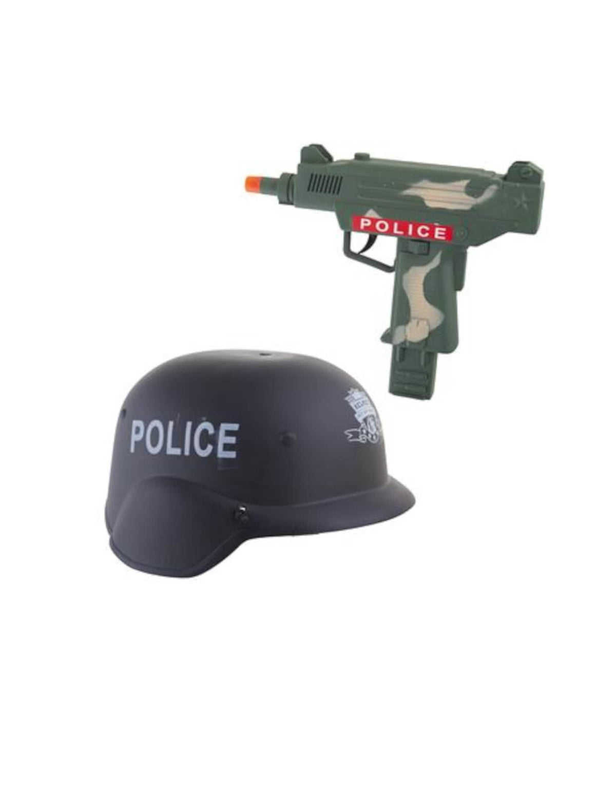 Čierna prilba a maskovaná samopal z sady prilba a samopal polícia