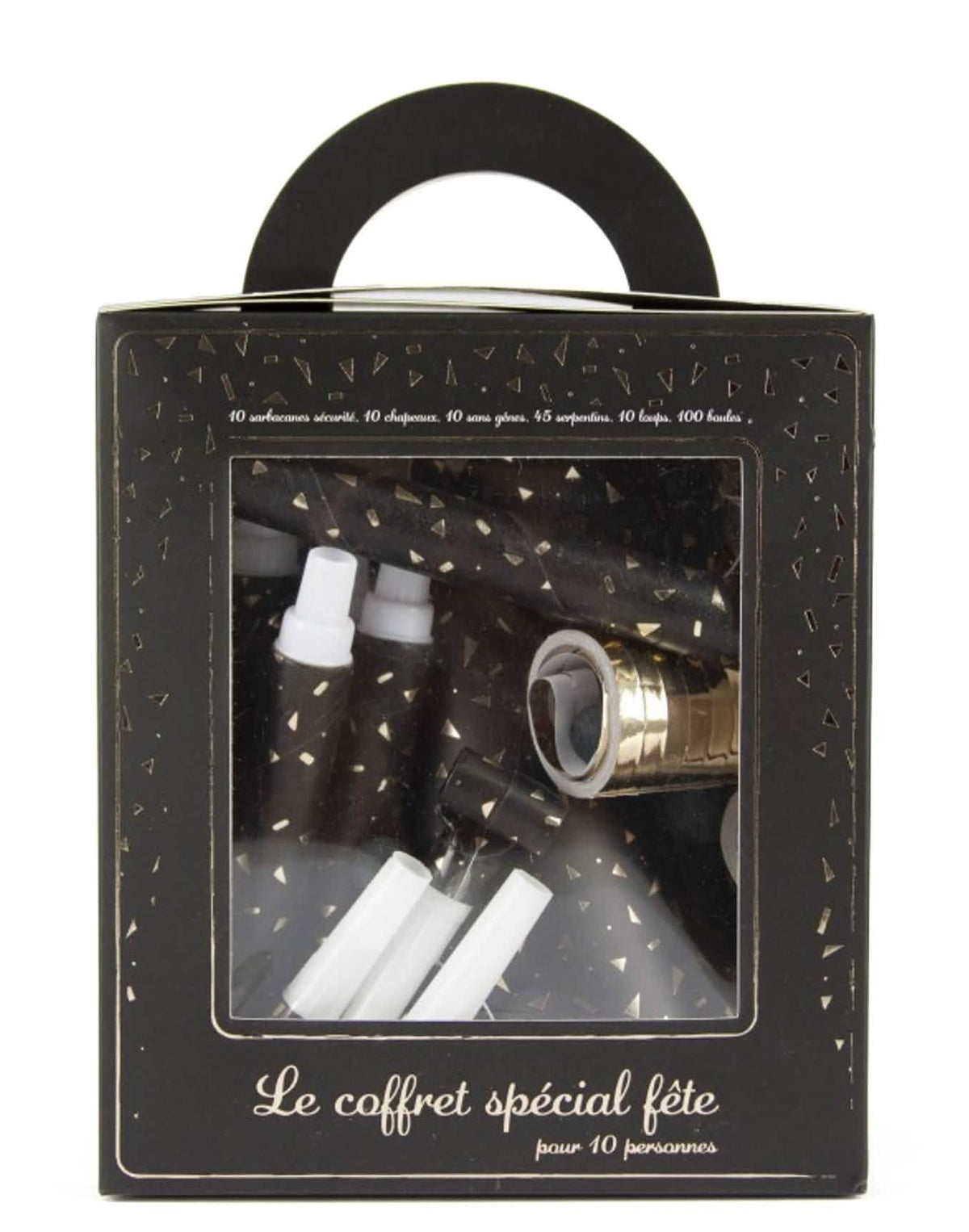 Pohľad spredu na krabičku súpravy kotylióny party pre 10 osôb v čierna a zlatá