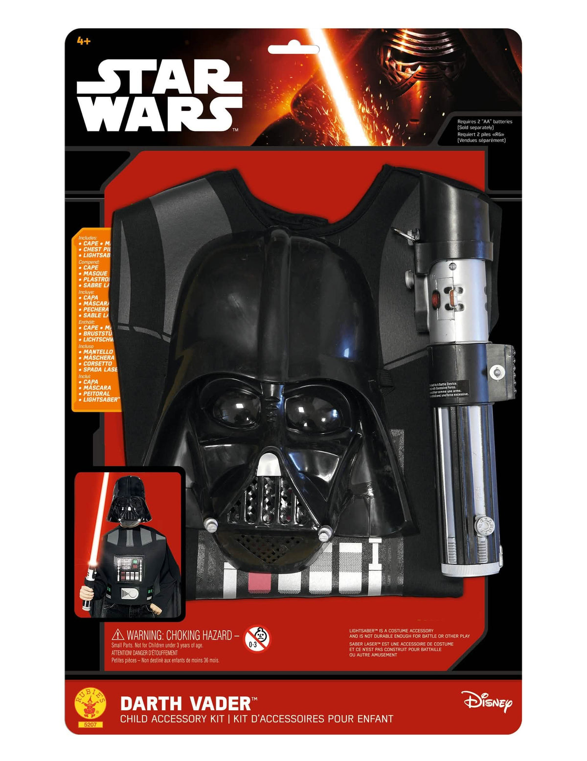 Pohľad na balenie s doplnkami súpravy Darth Vader pre dieťa