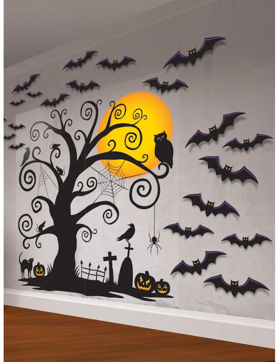 Sada dekorácie na stenu cintorína na halloween čierna s netopiere a tekvicami