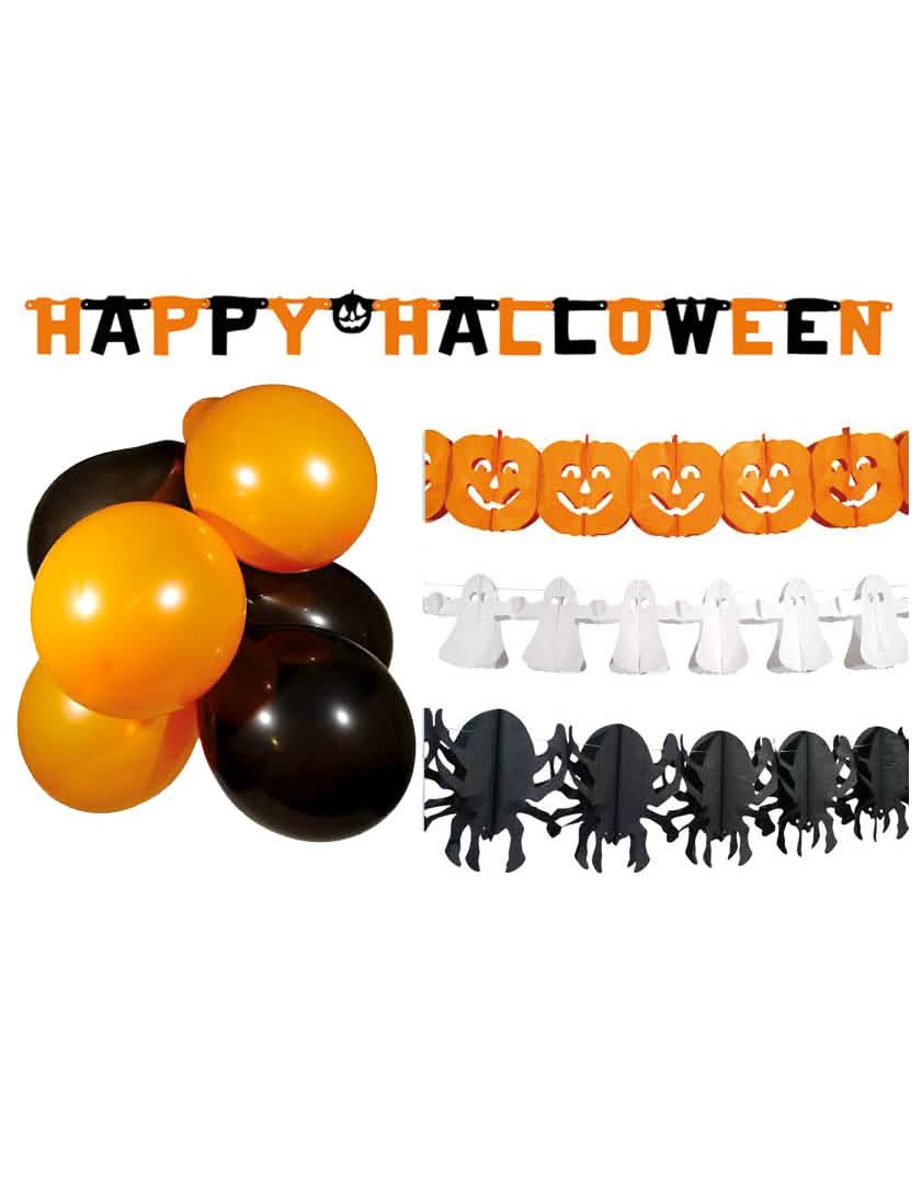Súprava dekorácií na halloween na oranžovú, čiernu a bielu oslavu s balónmi a girlandami