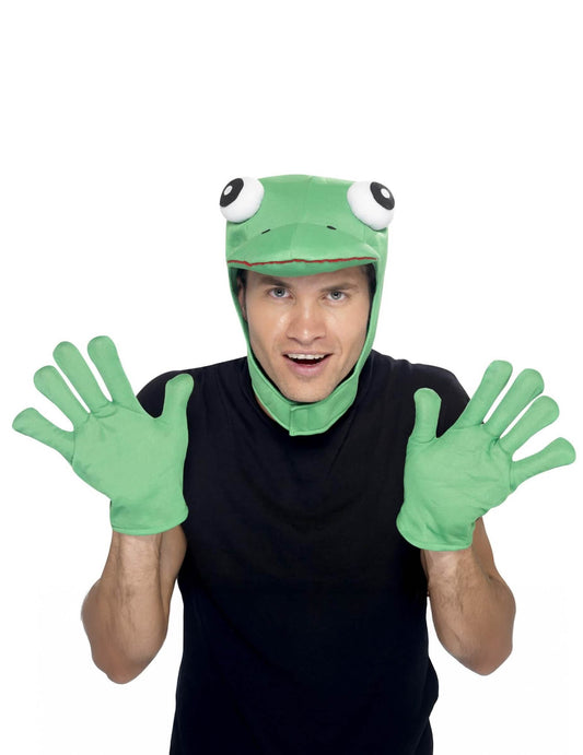 Vue de face de la cagoule et des gants du kit grenouille pour adulte