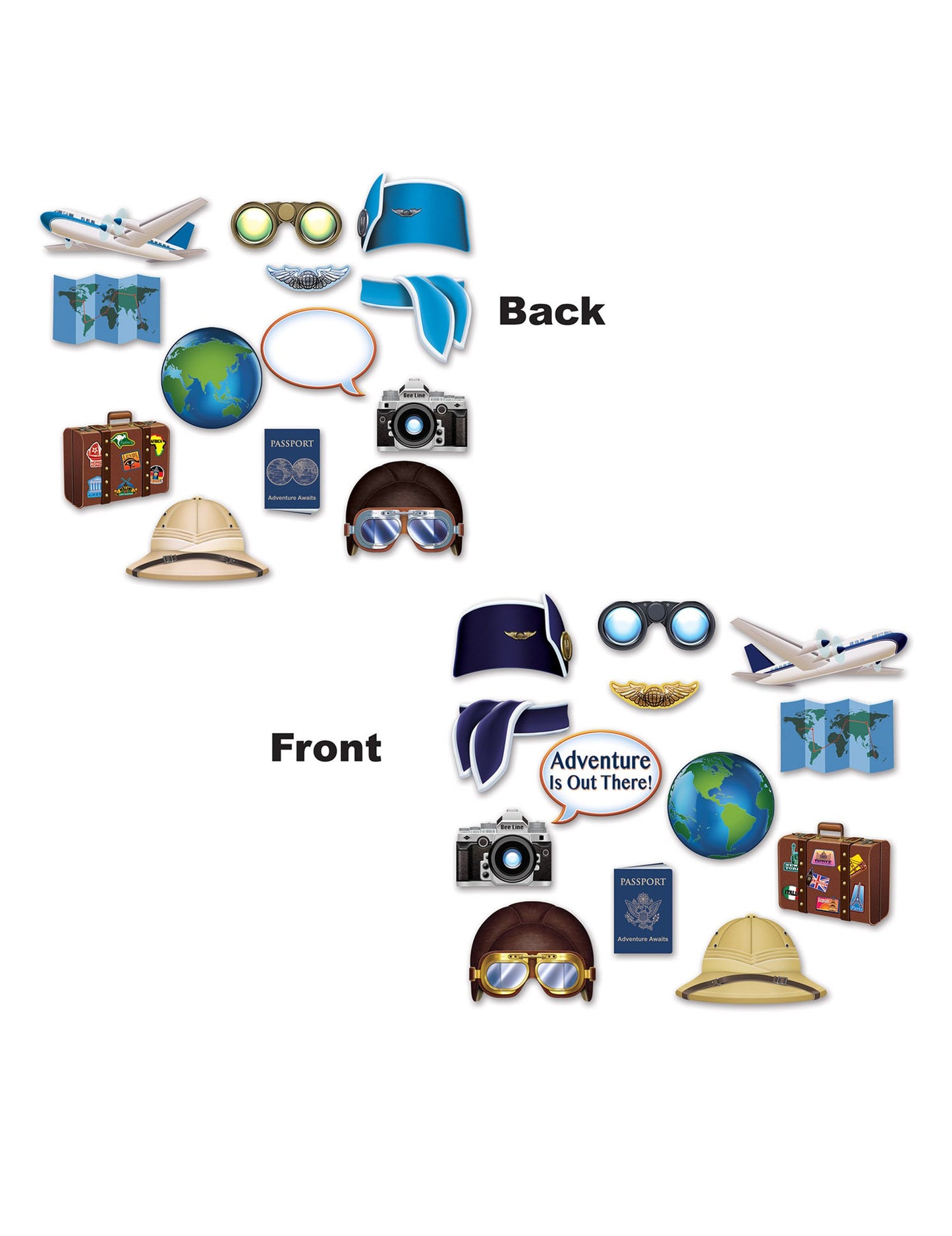 Vue de face et de dos des éléments du Kit photobooth Tour du Monde
