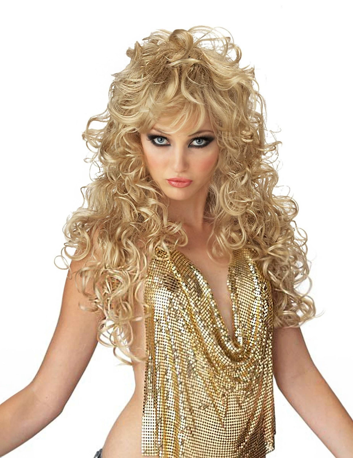 Dlhá kučeravá blond parochňa pre ženu z 80. rokov
