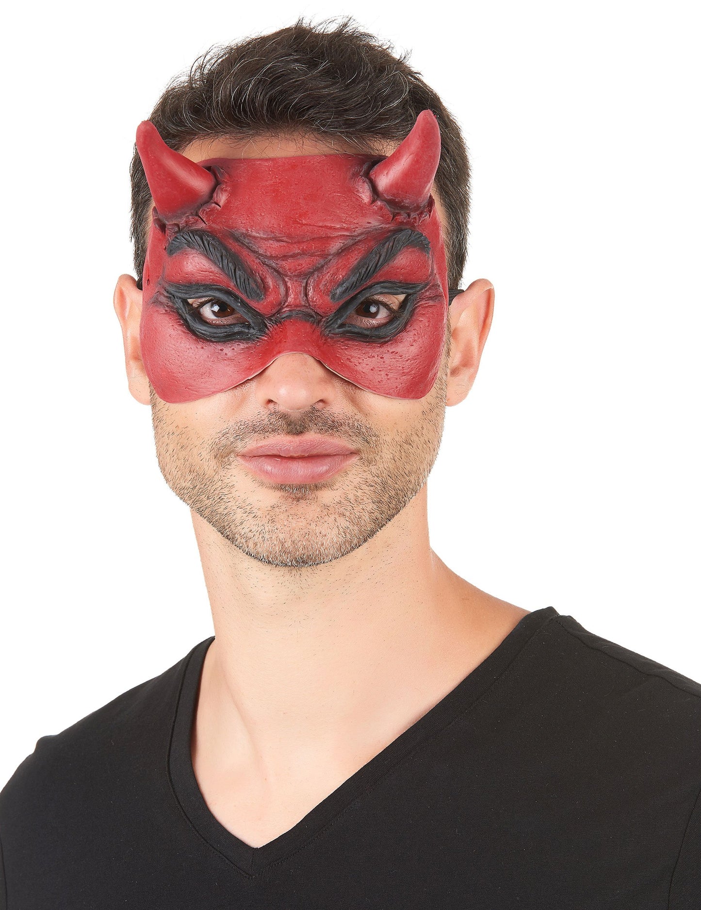 Loup en latex démon pour adulte rouge avec cornes