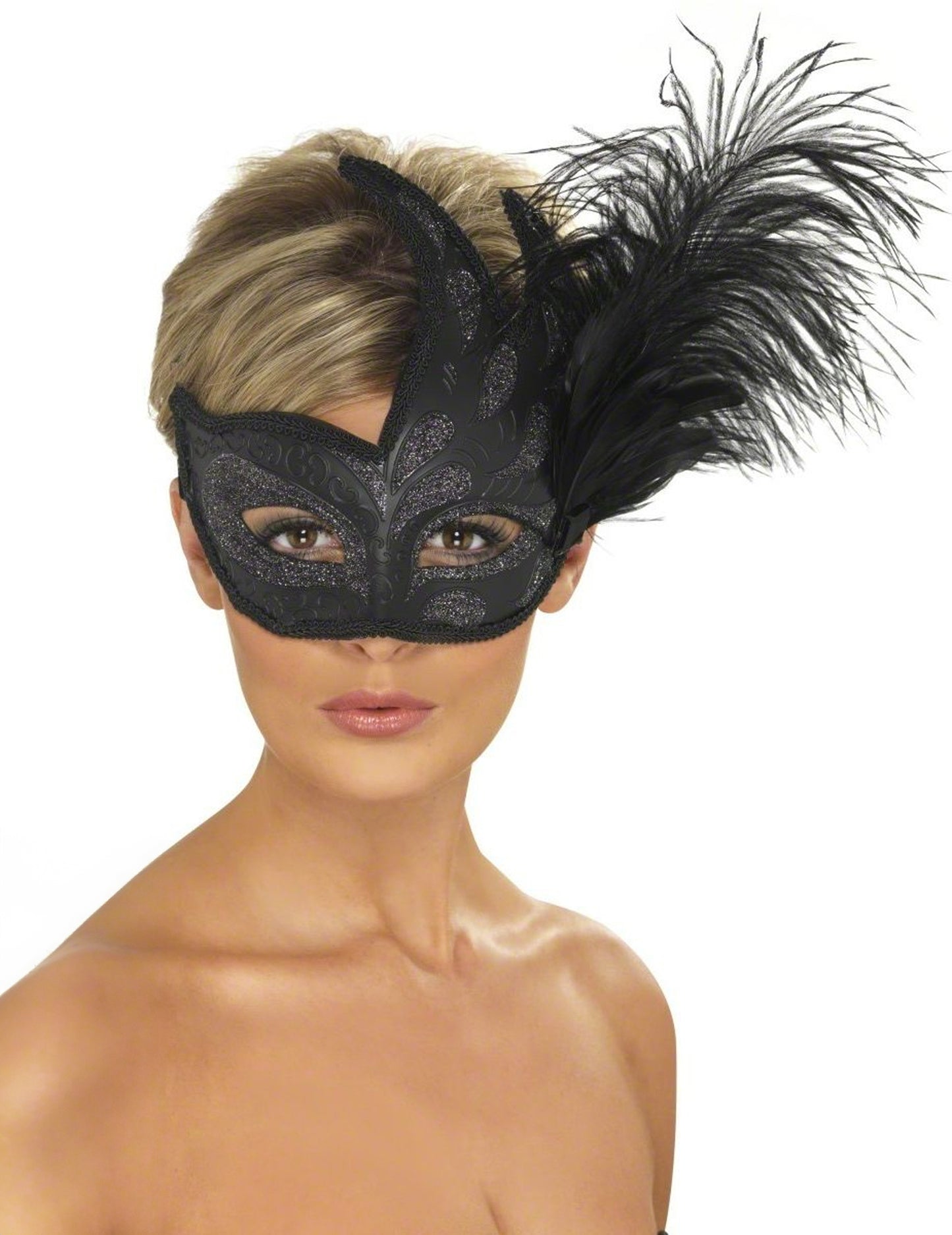 Čierna maska s striebornými trblietkami a perím pre dospelých čierna