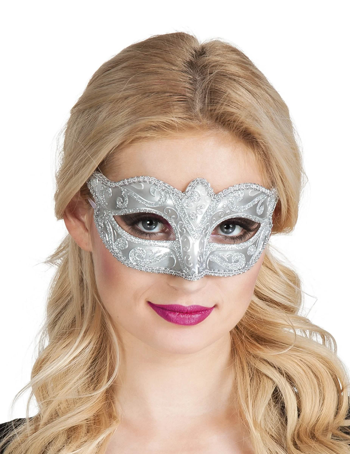 Detailný záber na benátsku masku pre ženu strieborná s trblietkami