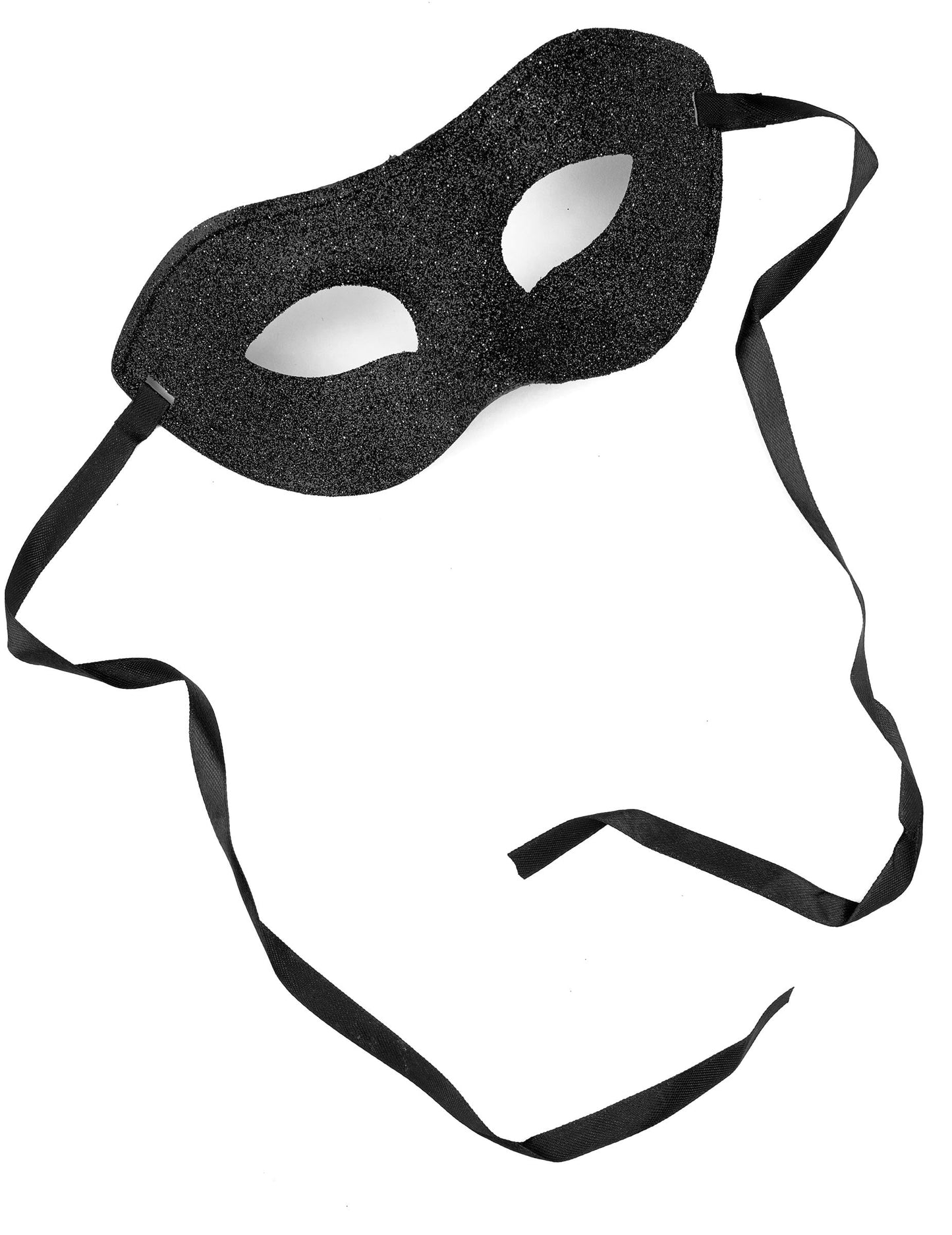 Détail des rubans d'attache du loup vénitien pour adulte noir pailleté