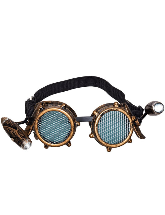 Détail des lampes latérales des lunettes avec lumière frontale steampunk pour adulte