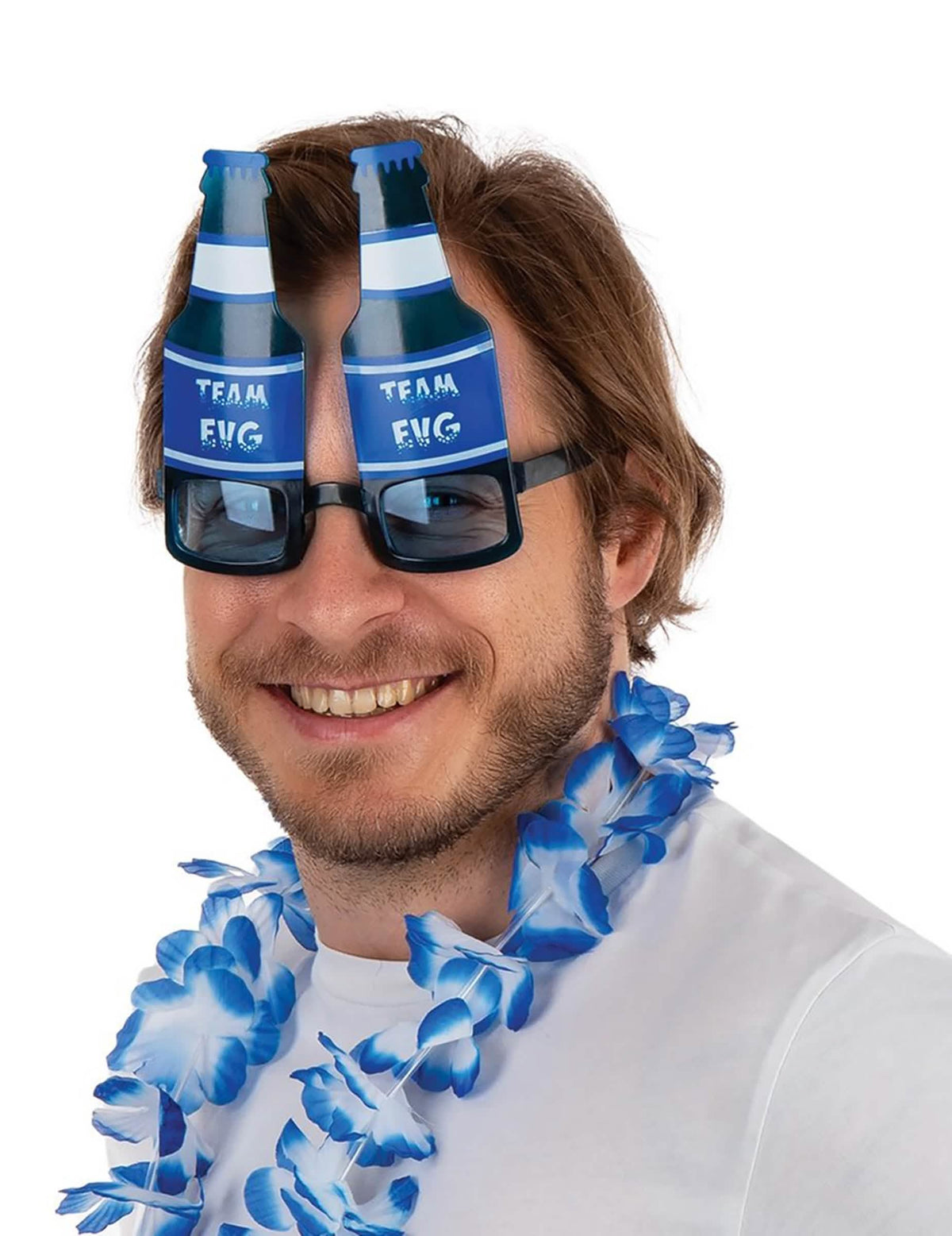 Pohľad spredu na okuliare fľaše od piva Team EVG