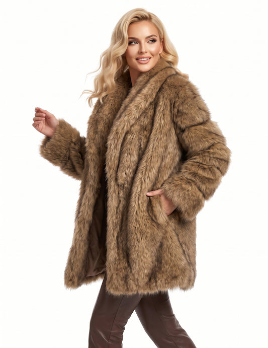 Manteau long en fausse fourrure de luxe marron